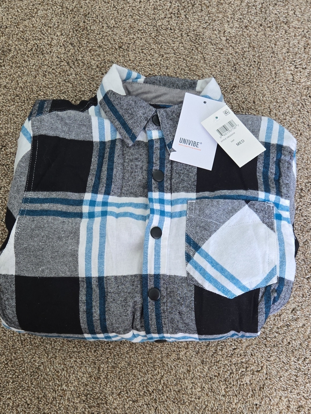 Univibe Boys Plaid Button-Up Jacket in Black, Gray & Blue